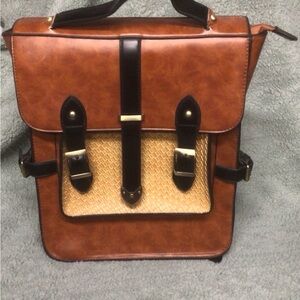 Classic Tan Faux Leather Messenger Bag with Woven Accent